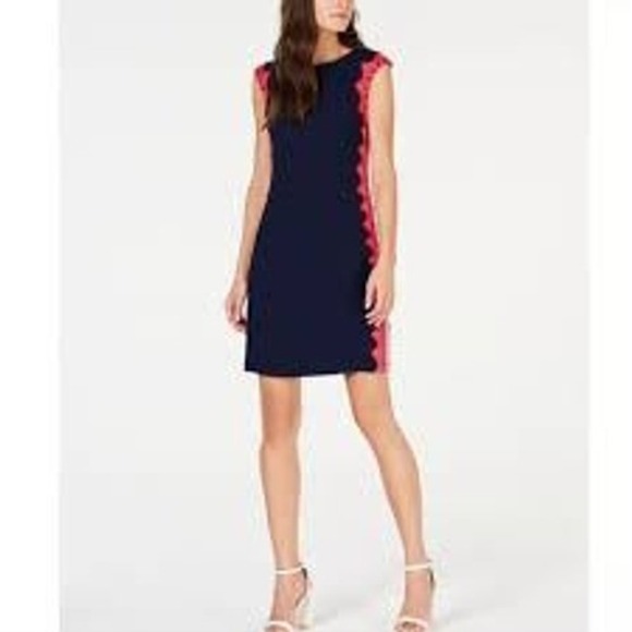 Trina Turk Dresses & Skirts - Trina Turk Navy Sheath Dress Size 8 — Pink & Red‎ Lace Trim Cocktail Dress